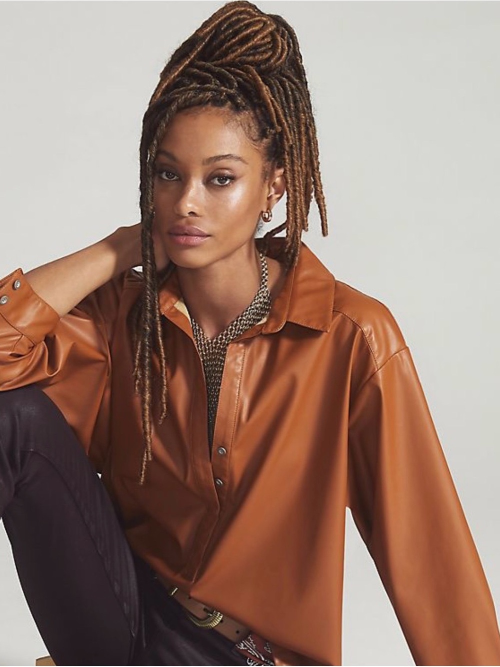 Anthropologie Womens Faux Leather Shirt S Cognac Brown